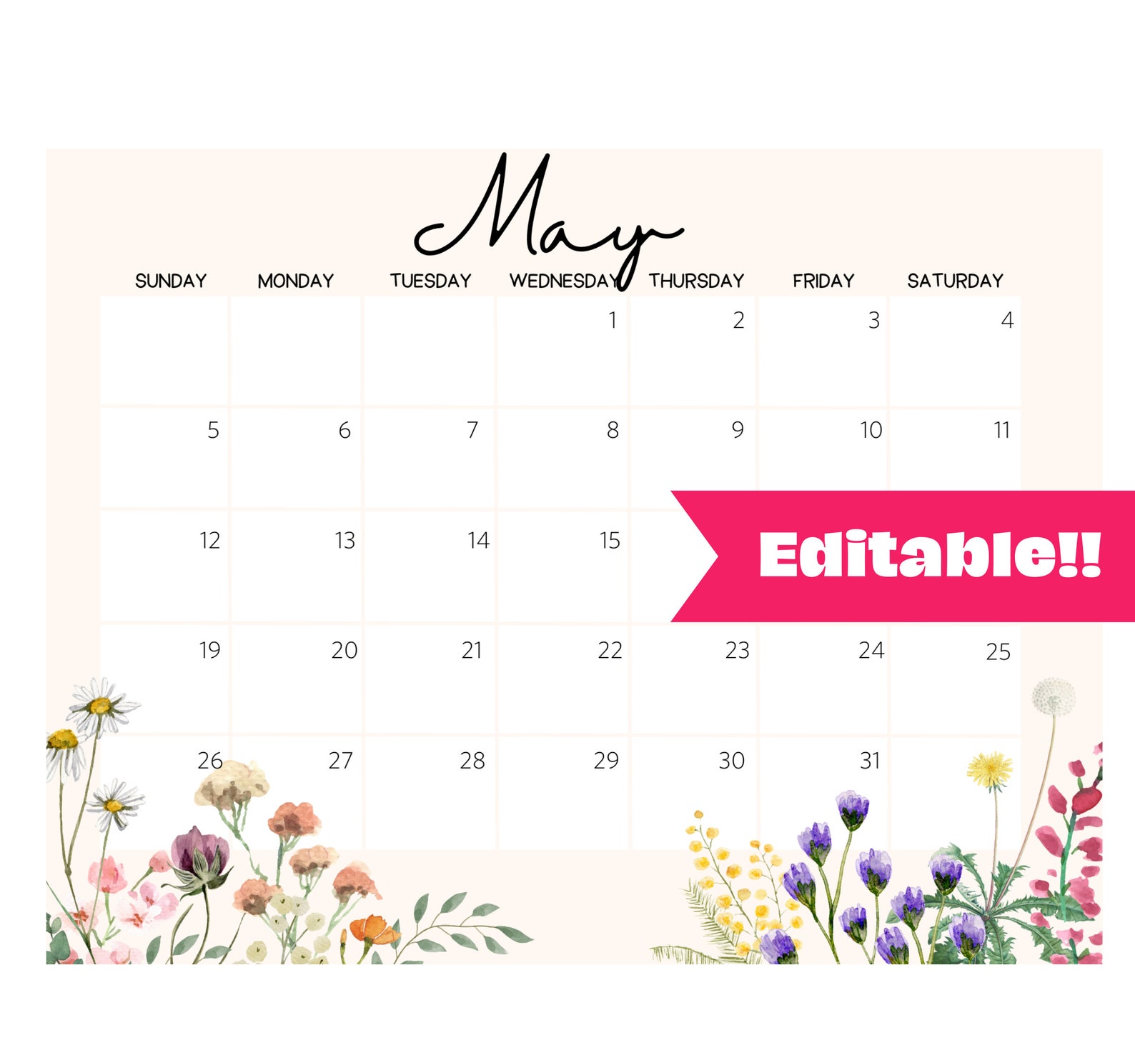 Printable May 2024 Calendar, Beautiful Floral Printable Editable