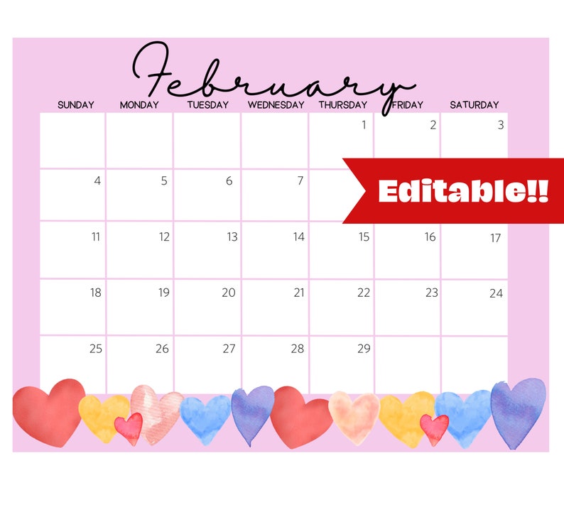 Printable February 2025 Calendar, Cute Valentine's Printable Editable