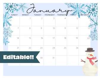 Printable January 2024 Calendar, Blue Snowflakes - Printable Editable Calendar Planner - Instant Download