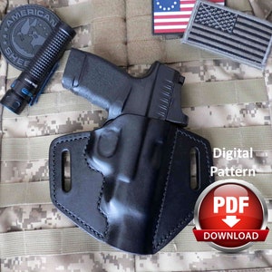 May include: A black leather holster for a handgun, with a digital camouflage pattern background. The text "Digital Pattern" and "PDF DOWNLOAD" is visible in the image.