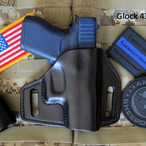 Fits Glock 43 Vertical Ride Leather Pancake Holster, Custom Handmade