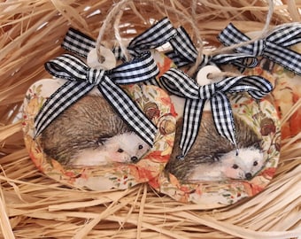 Fall tree ornaments, hedgehog, pumpkin shaped