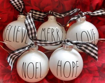 Personalized Christmas ornaments, Rea dunn inspired, farmhouse, rustic, white glass ornaments