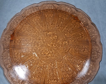 Vintage Pink Depression Jeannette cherry blossom, Glass 10 Inch Cake Plate Air Bubbles Edge Seam, small flaw