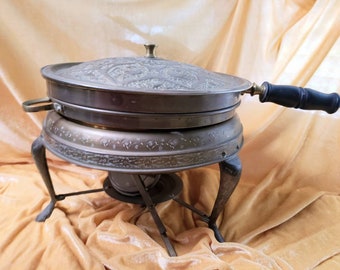 Vintage, Middle Eastern style Brass 3 piece Chafing Dish with wood handle