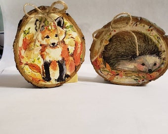 Ensemble de deux décorations pour plateaux, renard d'automne et hérisson !! Automne, automne, rustique, naturel