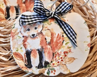 Handmade wood Fall Ornaments, fox and pumpkin.