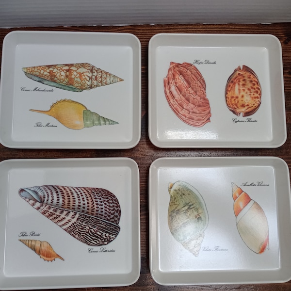 Vintage Mebel Sea Shells White Melamine Set of 4 Rectangle 4 x 6 Trays Italy