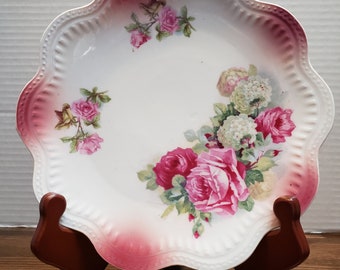 Vintage German Porcelain Plate, Pink Roses, Scalloped Edge