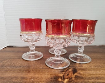 Set of 4 Wine Glasses, Kings Crown or Thumbprint Pattern, Ruby