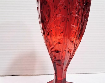 Vintage Large Fostoria Ruby Red 9" Tall Florals & Panels Decorated Glass Vase