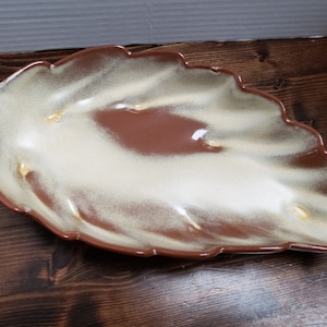 Vintage Frankoma Pottery Large Leaf Bowl Dish 226, Cream, Brown Glaze
