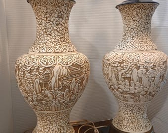 Vintage Asian Style, Chinoiserie, Lamps, Floral & Landscape Relief, Hollywood Regency Pair