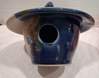 Beautiful pottery birdhouse,  blue, tan, studio pottery