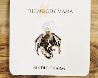 Kindle Charm, Black and Gold Dragon Charm, Dust Plug Charm, E Reader Charm, Kindle Accessories, Fantasy Bookish Gifts, Phone Charm