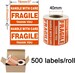 1 Roll 500 Labels 2 x 3 Red Fragile Warning Stickers for Safe Shipping Packing of Goods Strong Adhesive Backside USA SELLER 