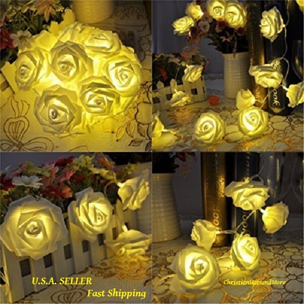 Rose Flower Fairy String Light 20 LED Battery Operated Nightlight Christmas Garden Party Decor White Rose Flower Fairy String Light 20 LED Battery Operated Nightlight Christmas Garden Party Decor White