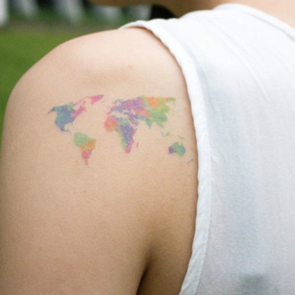 The World Is Yours - Fun & Cute Temporary Tattoos Beautiful Watercolor World Map Summer Party Hipster Tumblr Style