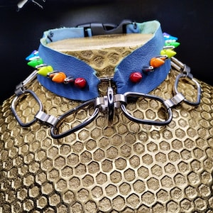 Spiked leather collar, blue leather choker, chain choker, chain collar, spikes choker, rainbow spiked collar, pride gear, pride collar