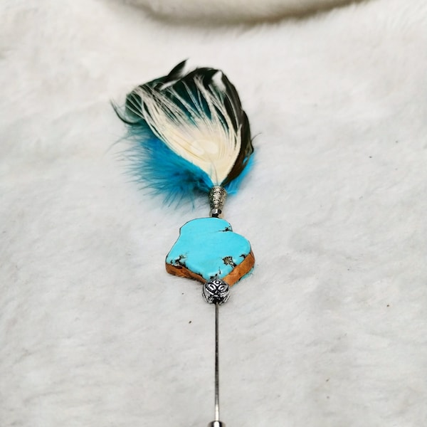 Feather lapel pin, fancy lapel pin, feather hat pin, turquoise pin, beaded jewelry, holiday gifts, wedding accessories, unique jewelry gifts