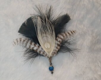 feather jewelry pin, upcycled jewelry, lapel stick pin, goth jewelry, wedding jewelry, formal jewelry, gifts for him, gifts for her