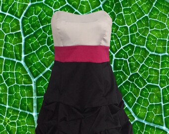 Vintage 90's Black & White Strapless Dress with Hot Pink Sash • by Ruby Rox • Bustled Bubble Skirt • Stretchy and Soft for a Perfect Fit