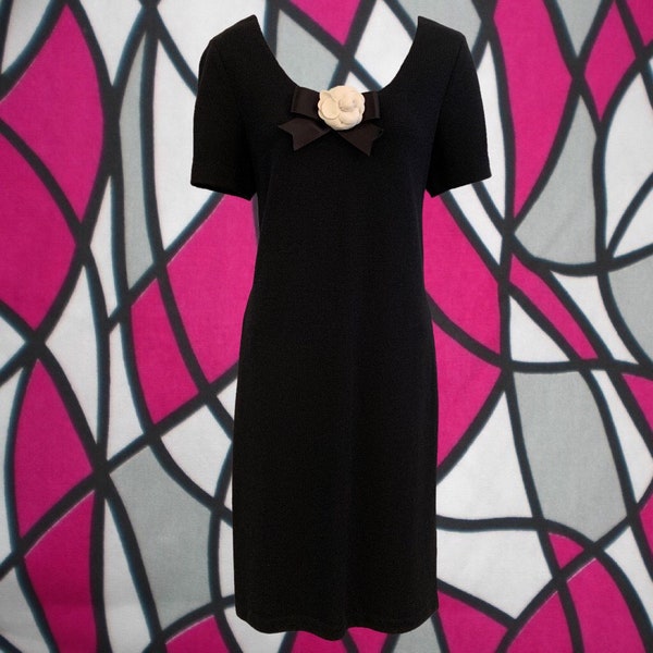 Vintage 80's St. John Knit Little Black Dress • w/Removable White Flower & Ribbon Bow • Scoop Neck • Short Sleeve • Back Zipper