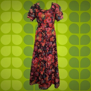 Vintage 70&#39;s Diolen Bright Floral Maxi Dress • Double Layer Short Sleeves • Attached Waist Sash • Back Zip • Fully Lined • Hippie Boho Style