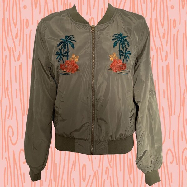 Vintage Polyester Bomber Jacket • Embroidered with Palm Trees, Flowers, and "Aloha" on the Back • Gold Zipper • Front Pockets • Quirky Cool