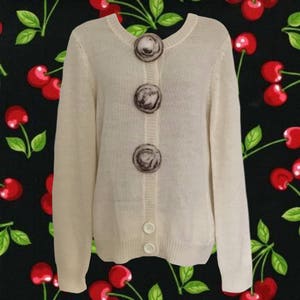 90&#39;s Ivory Cardigan with Fur Pom Poms • Acrylic/Wool/Alpaca • Snap Closures • Side Pockets • Super Cute, Soft & Cozy!