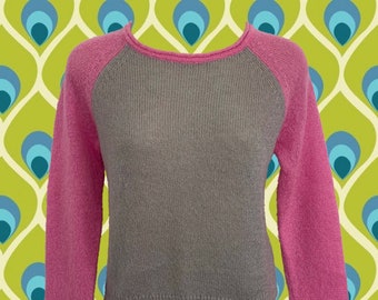 Vintage 90's Bubblegum Pink & Grey Sweater • Raglan Sleeve • Rolled Cuffs and Hem • Sheer and Lightweight • Classic Style - Excellent Color!