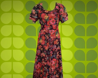 Vintage 70&#39;s Diolen Bright Floral Maxi Dress • Double Layer Short Sleeves • Attached Waist Sash • Back Zip • Fully Lined • Hippie Boho Style