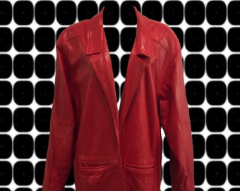 Vintage 80's Bright Red Leather Jacket • Oversized Style • Open Front • Drop Shoulder • Soft & Shiny Leather