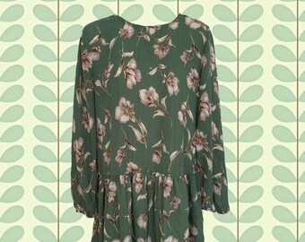 Vintage 90's Floral Babydoll Dress • Lightly Striped Green with Pale Pink Flowers • Drop Waist • Elastic Wrists • Keyhole Neckline in Back