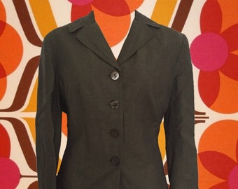 Sigrid Olsen Deep Olive Green Jacket • Rounded Lapels • Lightweight - Linen/Rayon • Inverted Pleat in Back with Tie Detail