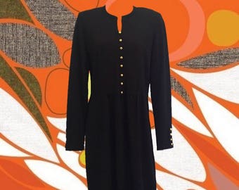 Vintage 80's Rich & Levy Black Knit Dress • From Saks Jandel • 100% Wool • Gold Dome Button Accents • Classic Style