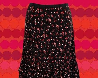 Vintage 90's kersenpatroon rok • zwart, rood &wit • elastische taille • dubbele ruches zoom • lichtgewicht materiaal