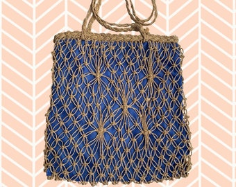 Vintage 80's Woven Twine/Straw Patterned Bag • Bright Royal Blue Silky Lining • Loopy, Flowery Design • Open Top • Great Summer Bag!