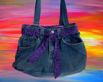Vintage 80's Denim Shoulder Bag • Probably Homemade, Definitely Lee Jeans • with Purple Patterned Sash and Interior • Full Zip Closure