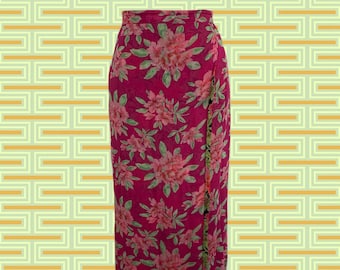 Vintage 80's Fully Reversible Floral Skirt • Hot Pink, Green, Red and Black Floral Patterns • Full Side Wrap/Slit • Elastic Waist in Back