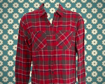 Vintage 90's Women's Plaid Button Down • 100% Cotton • Super Soft • Bright Pinkish-Red, w/Green, Blue & White • Denim Cuffs When Rolled