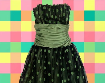 Vintage 80's Jessica McClintock Strapless Dress • Black Mesh with Green Polka Dots • Ruched Top & Waist • Bubble Skirt • Excellent Condition