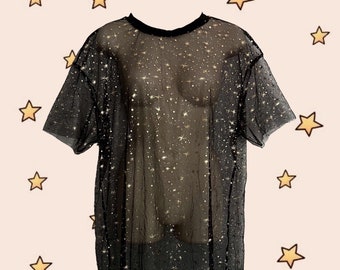 Just a Weird Vintage 00&#39;s Oversized Sheer T-shirt with Shiny Metallic Gold Stars • Works for Lots of Sizes • Also Awesome