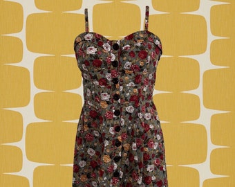 Vintage 90's Bustier Dress • Dusty Green Background w/Raspberry, Gold & White Flowers • Functional Button Front • Elastic Back • Super Cute