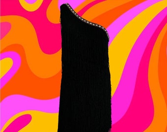 Vintage 00's Black Fringe Dress • Asymmetrical One Shoulder • Gold Detailing & Rhinestones at the Top • Plain in Back • Super Shimmy Ready!