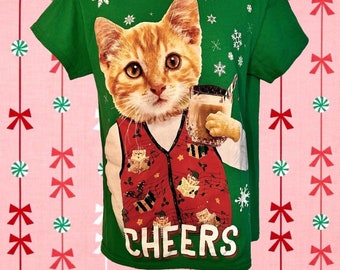 Cheers Cat Christmas T-shirt • w/Logic-Defying Paw Able to Hold Cocktail • Wearing His Own Santa + Elves Christmas Vest • Seasonally Perfect