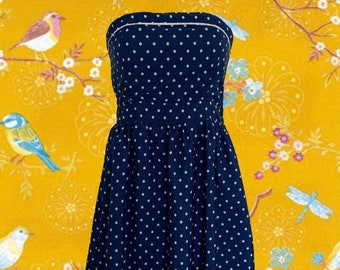 Vintage 90's Polka Dot Strapless Dress • in Navy & White • Tie-Back Top with White Piping • Silky Feel • Fully Lined • Super Cute!