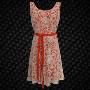 Vintage 90&#39;s Sleeveless Lace Dress • Ivory Lace Over Bright Orange Lining • Grosgrain Ribbon Tie Belt • Bold Swirly Lace Pattern