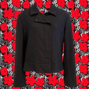 Vintage 90&#39;s Calvin Klein Black Jacket • Off-Center Zip Front with Snaps at Bottom • Nod to Moto Jacket Collar • Mostly Wool • Lightweight