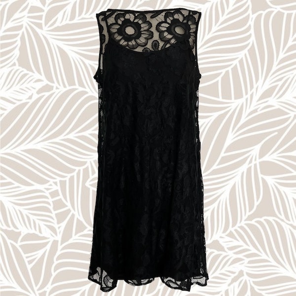 Vintage 90's Black Floral Lace Dress • Sleeveless • Lace Over Black Slip Dress • Keyhole Neckline in Back • Easy Wearing/Great Look